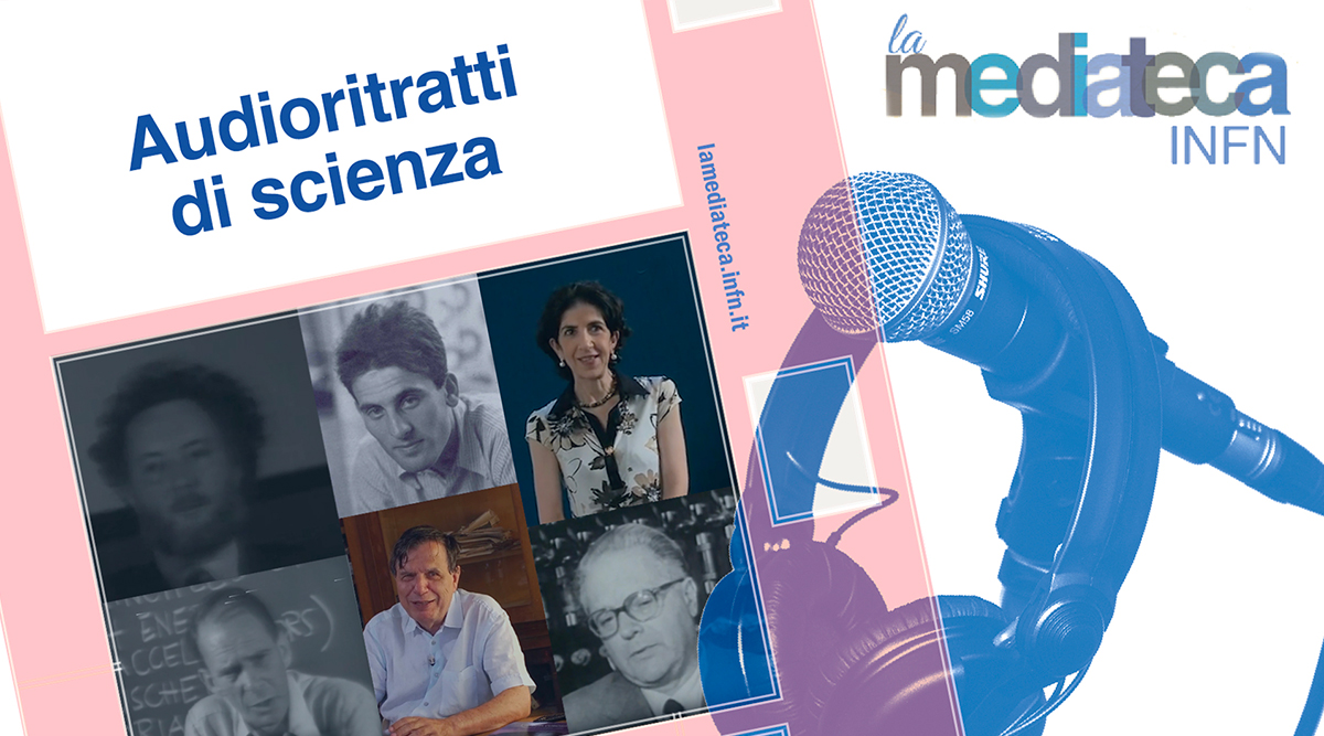 ritratti di famosi scienziati in una pellicola, a destra cuffie e microfono da podcaster